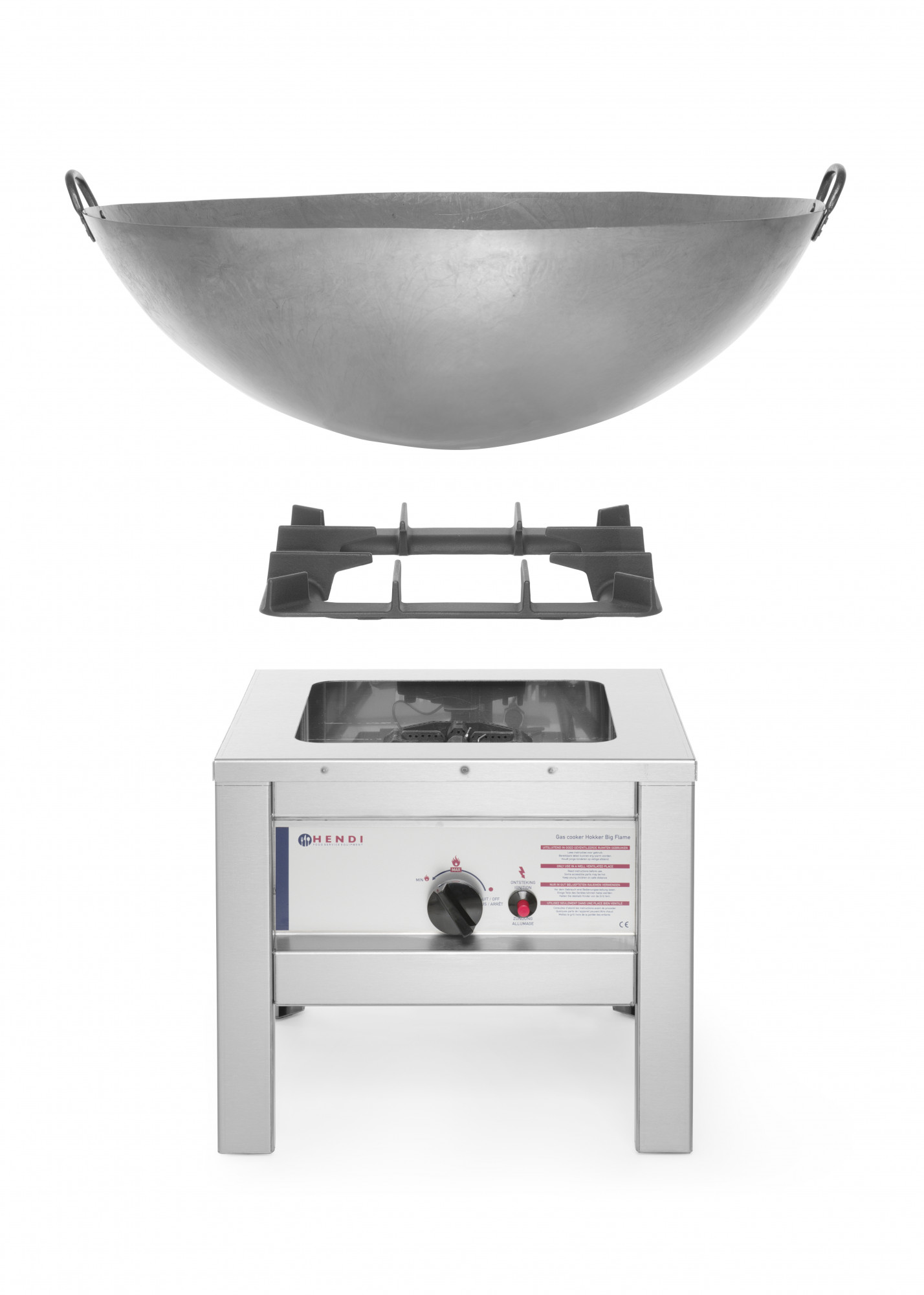 Montaż patelni wok na taborecie gazowym gastronomicznym.